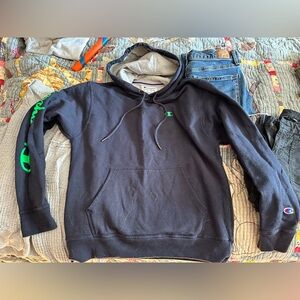 Champion Navy Hoodie with Green Accents